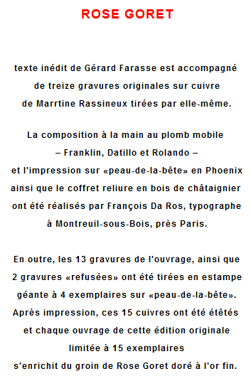 Rose Goret, texte de Gérard Farasse, typographie de François Da Ros, gravures imprimées sur cuir de Martine Rassineux, Editions Anakatabase