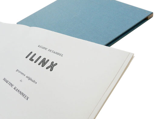 Ilinx, texte de Régine Detambel, typographie de François Da Ros, eaux-fortes au lavis de Martine Rassineux, Editions Anakatabase 2010 - étui et livre 