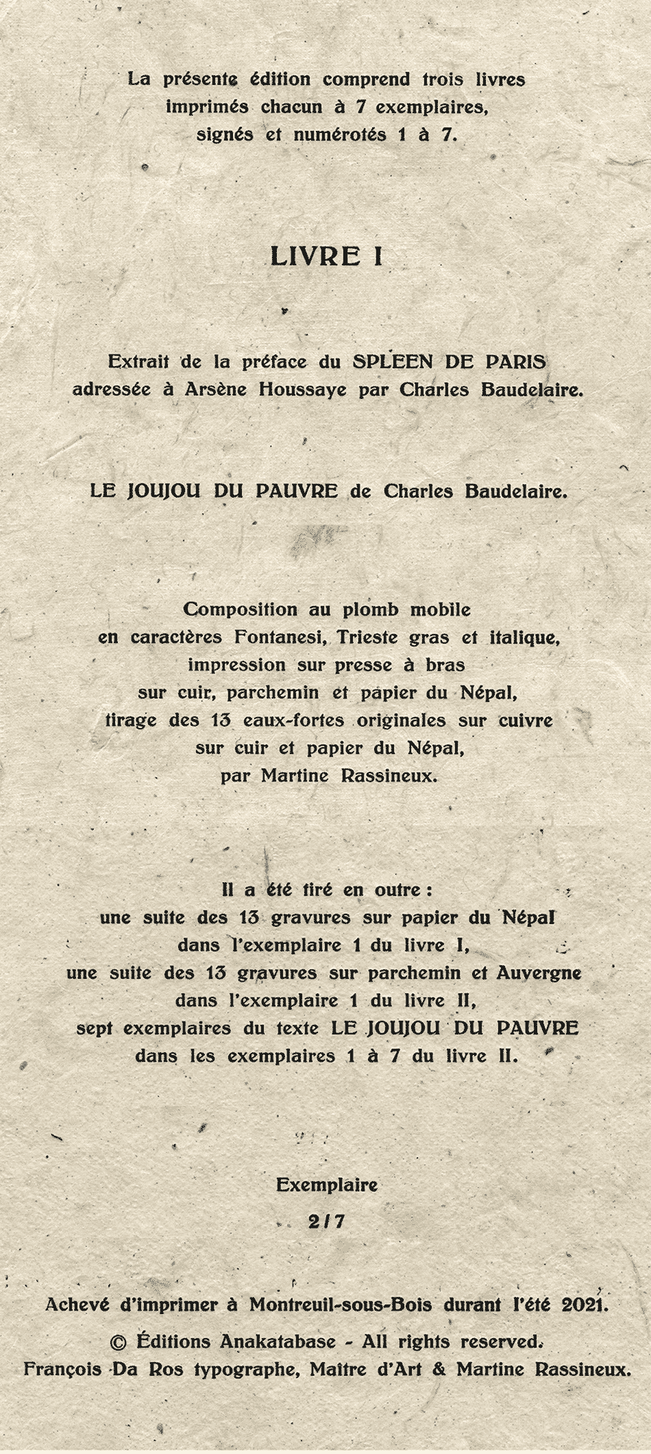 achevé d'imprimer Charles Baudelaire éditions Anakatabase