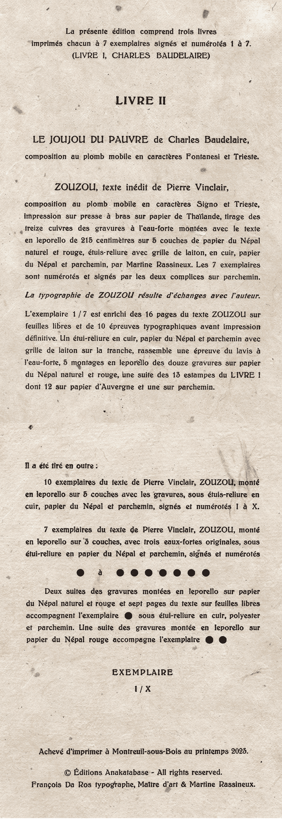 Achevé d'imprimer ZOUZOU texte inédit de Pierre Vinclair éditions Anakatabase