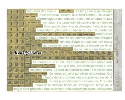Gnalogies, livre d'artiste, imprim en quadrichromie, Editions Anakatabase, Franois Da Ros typographe, Martine Rassineux peintre graveur, prface de Ren Schrer.