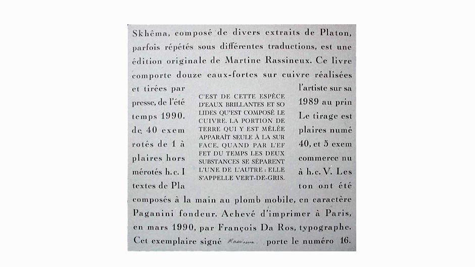 Skhêma, texte de Platon, typographie de François Da Ros, gravures de Martine Rassineux